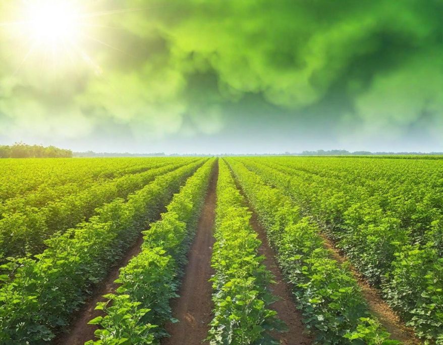 Baumwollfeld Grüne Felder mit Reihen von Pflanzen unter einem hellen Himmel.