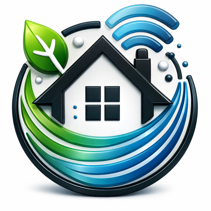 Symbol eines Hauses, umgeben von Wellen und einem Blatt, das Nachhaltigkeit darstellt.