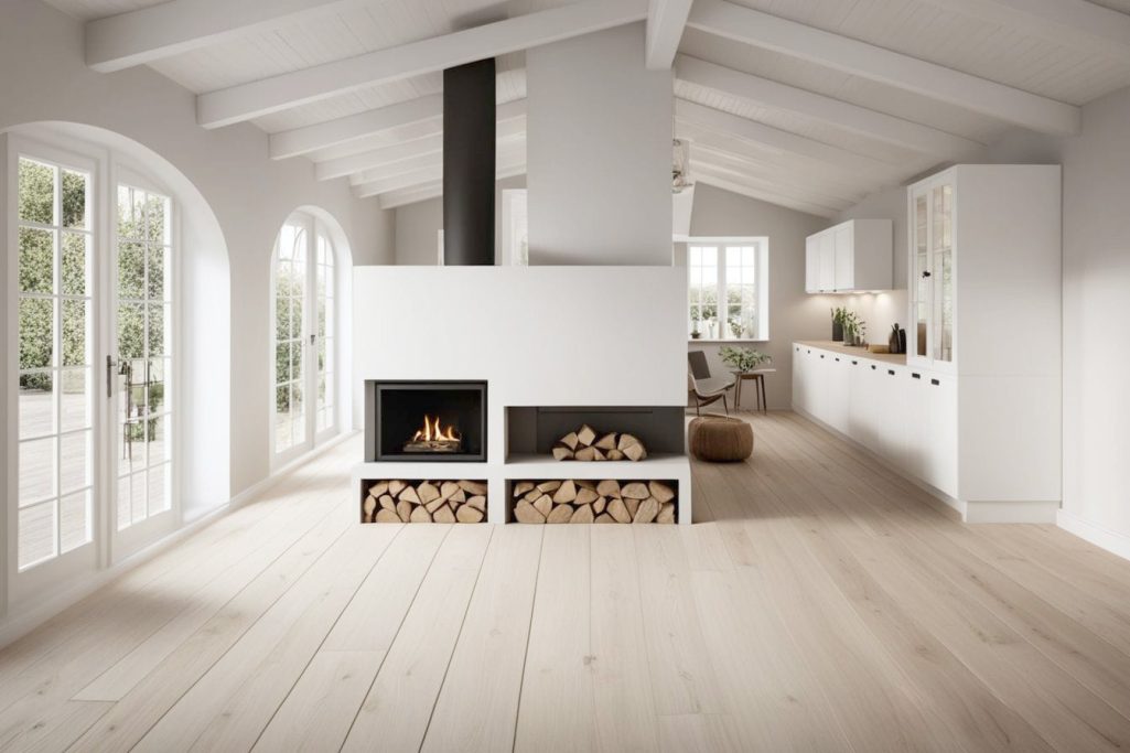 Helles, modernes Interieur mit offenem Wohnraum und Kamin. Holzlager unter dem Kamin.