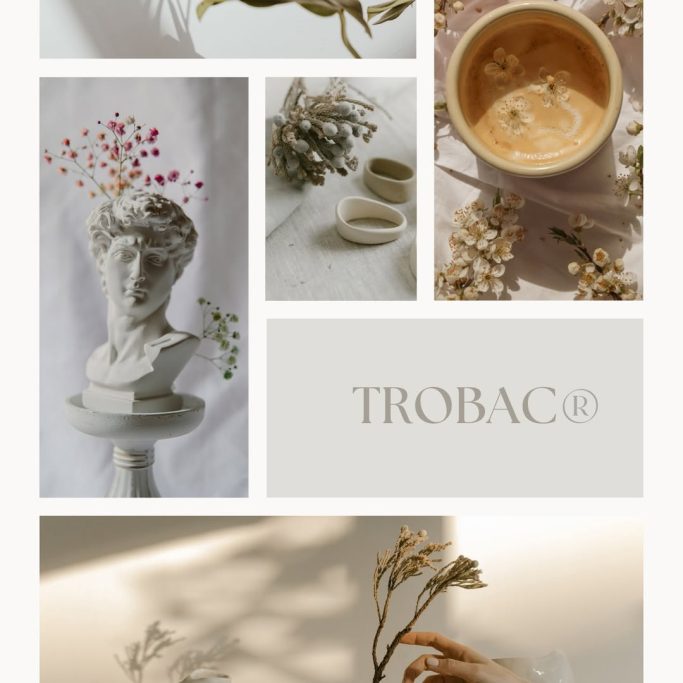 Verschiedene dekorative Objekte und eine Statue mit Blumenarrangement.