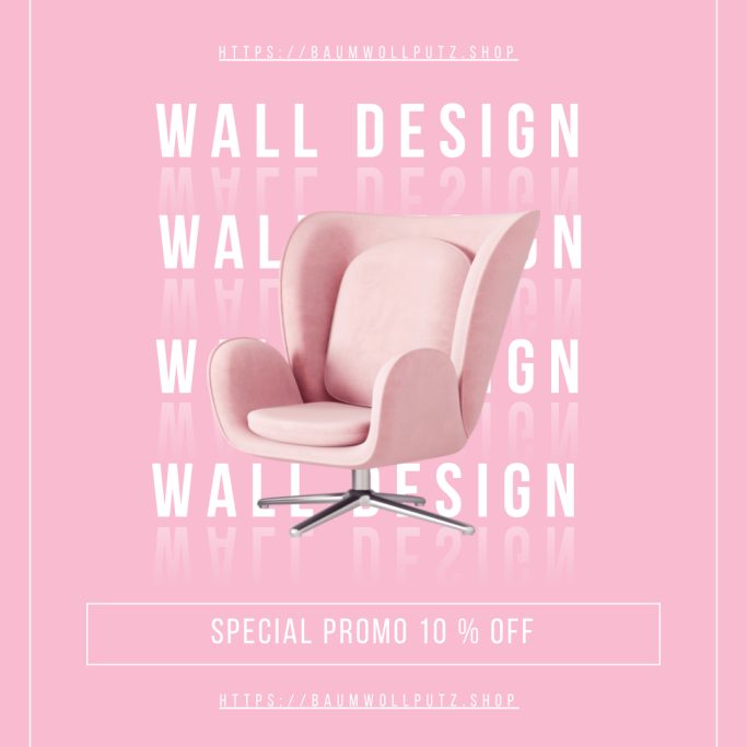 Beige Sessel vor pinkem Hintergrund mit "Wall Design"-Text und 10% Rabattangebot.