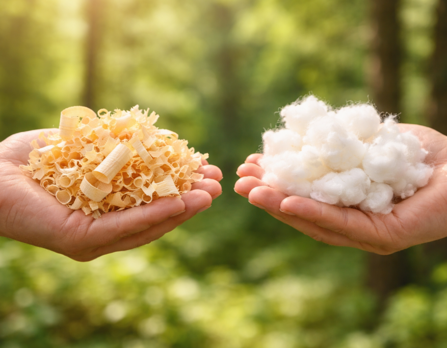 Bild mit KI erstellt Zwei Hände halten jeweils Zirbespäne und Baumwolle in einer sonnigen Waldumgebung.